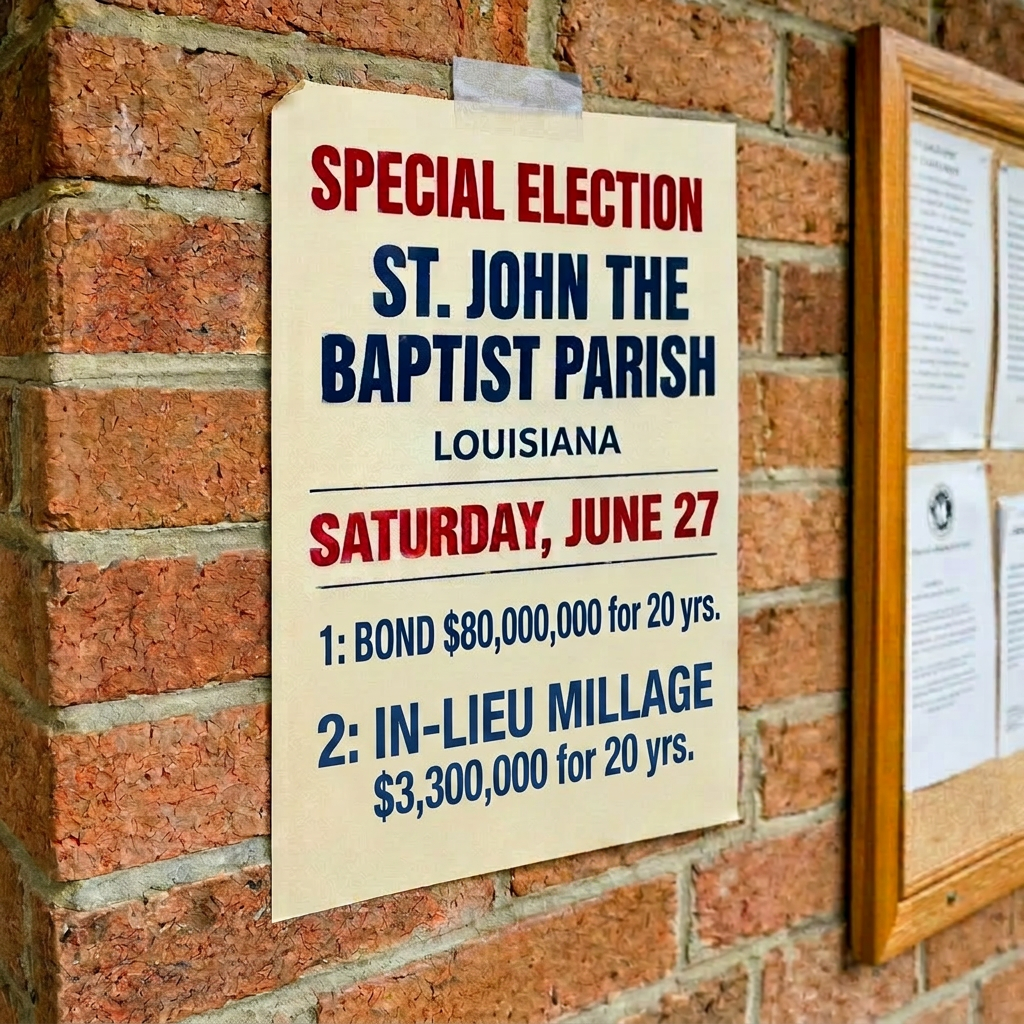 Special election notice for St. John the Baptist Parish Louisiana with date, polling hours, and registration information