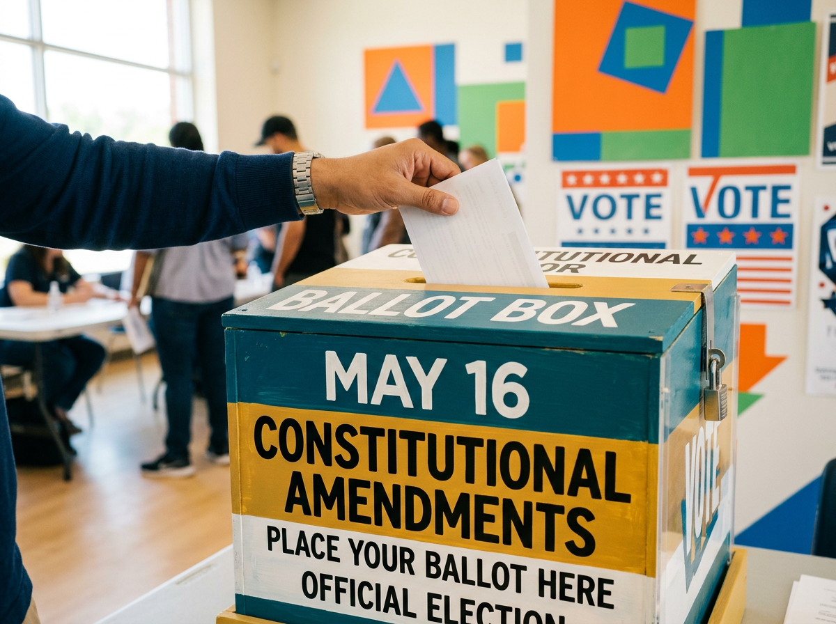Hand inserting ballot into box labeled May 16 Constitutional Amendments